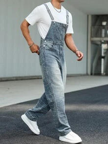 Manfinity Homme 男士休闲钩针多口袋牛仔背带裤，街头风格 - 淺色水洗藍 - 查看 5