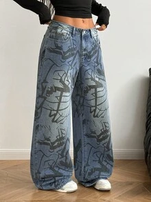 StreetHx 涂鸦印花阔腿牛仔裤 - 中等水洗藍 - 查看 3