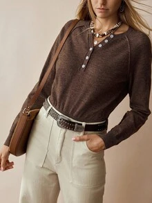 Florisole Pull vintage tricoté, pull ample et décontracté pour femme avec boutons, automne/hiver - Marron - Voir 5