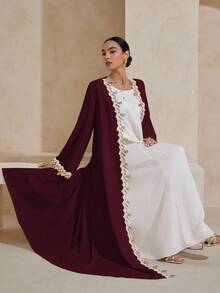 Graceveil Áo khoác cardigan tay dài hở phía trước màu trơn trang trí họa tiết hoa thanh lịch - Màu Đỏ Sâu - Xem 5