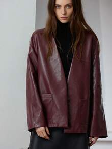 Aveloria Modichic Chaqueta de camisa de mujer de piel sintética sin cuello, de bolsillos con cinturón, de estilo elegante y moderno para uso diario