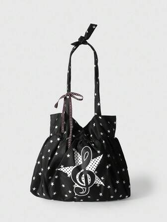 Anime Bolso de hombro de mujer con forma de corazón vintage y lazo, minimalista con lunares, estampado floral y notas musicales de gran capacidad, apto para uso diario, escuela, compras, etc.