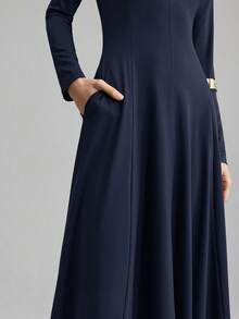 Ontre Vestido de línea A de manga larga y cuello redondo de unicolor versátil para mujer, vestido casual de negocios urbanos, ropa de oficina, uniforme de maestro, vestido de fiesta elegante - Azul Marino - Ver 7