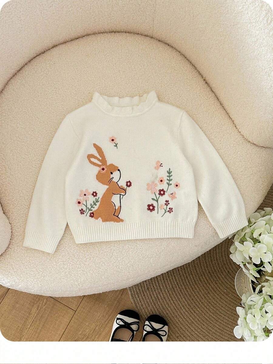 SHEIN Suéter de manga larga con cuello alto, estampado de conejo y flores, para niña bebé en otoño/invierno - Blanco - Ver 1