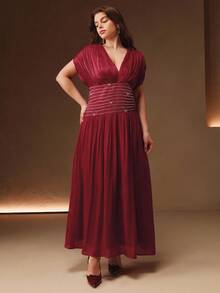 Anewsta Váy buộc lưng cổ chữ V tay ngắn đính hạt cườm cỡ lớn cho nữ, thanh lịch và tinh tế, mùa hè - Màu Đỏ Sâu - Xem 6