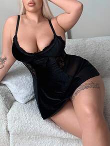 SHEIN Bộ 2 váy ren và nhung gợi cảm cỡ lớn kèm quần lọt khe - màu đen - Xem 3