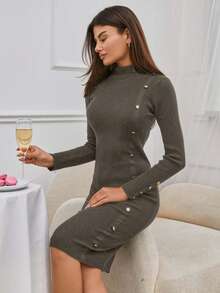 EURMUSE Mock Neck Button Front Sweater Dress Without Belt - Mocha Brown - View 3