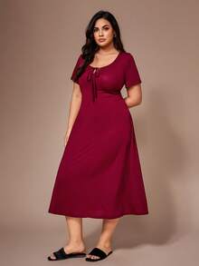 Lazeform Plus Size Women Casual Fitted Drawstring Decor Solid Color Knit Long Nightgown - Burgundy - View 1