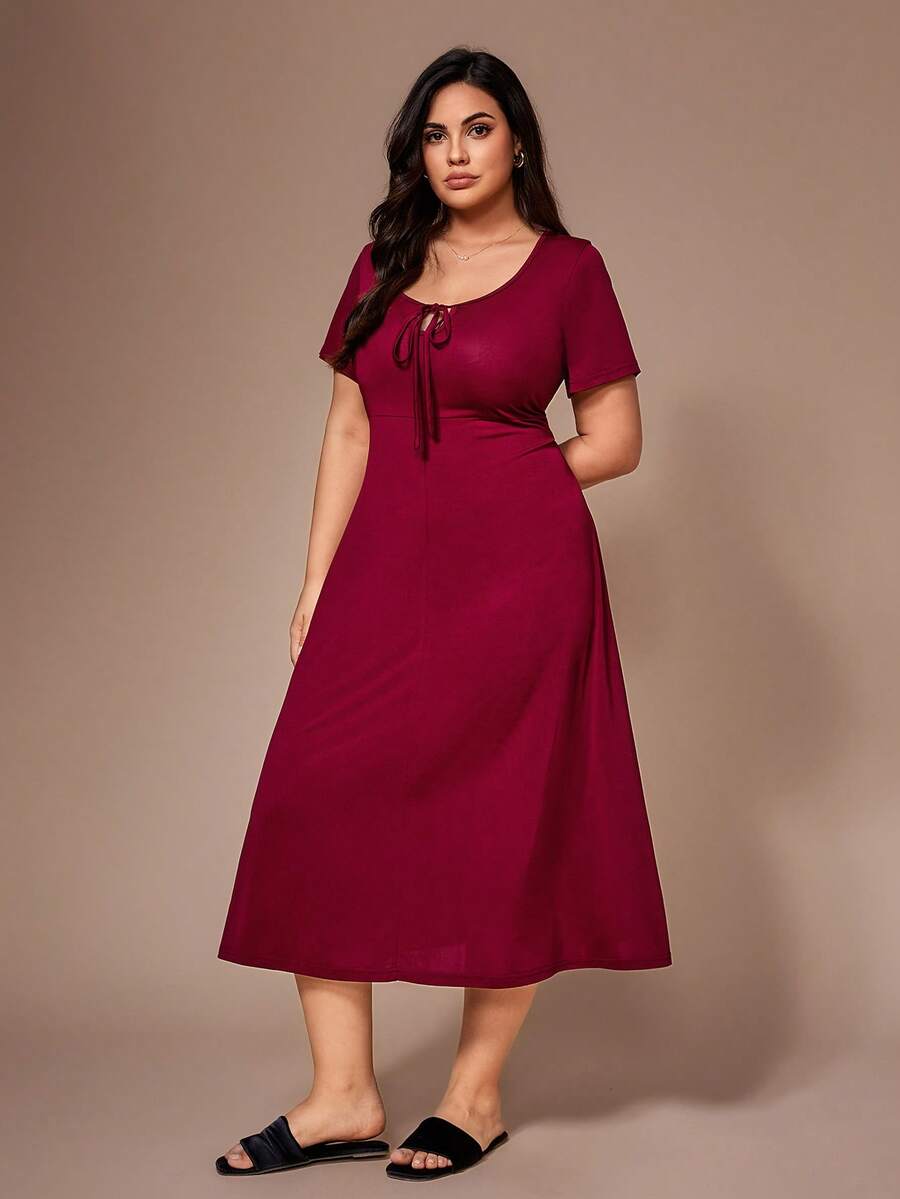 Lazeform Plus Size Women Casual Fitted Drawstring Decor Solid Color Knit Long Nightgown - Burgundy - View 1