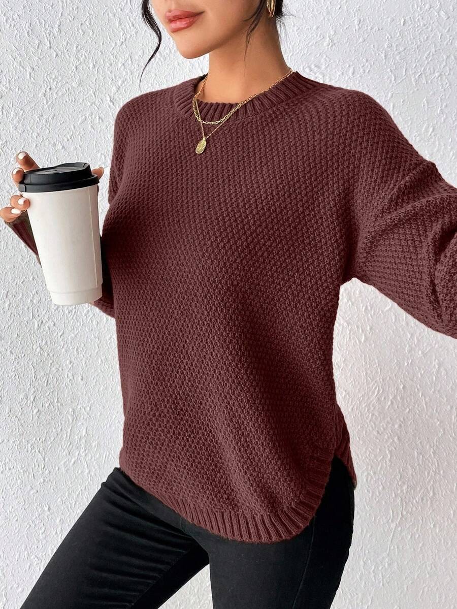 Women's Solid Color Round Neck Drop Shoulder Long Sleeve Casual Pullover Sweater, Autumn/Winter - Coffee Brown - View 1