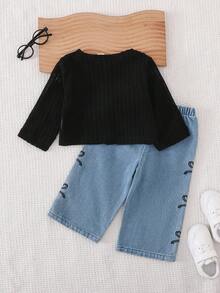 SHEIN Playful Pals 2 件套女婴休闲百搭长袖夹克和蝴蝶结刺绣裤子套装适合春秋冬季日常穿着 - 黑色 - 查看 2