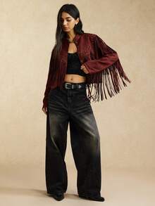 Easelle 女式时尚复古流苏装饰夹克 - 咖啡棕 - 查看 3