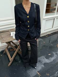 Siren Gaze 女士金属扣腰衬衫，秋冬新款休闲蓝 - 藏蓝色 - 查看 4