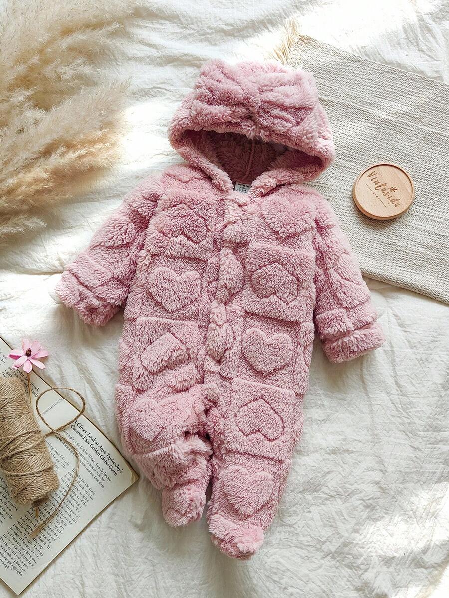 SHEIN Vintaside Kids Newborn Simple Stylish Cute Square Heart & Polka Dot Print Long Sleeve Hooded Romper Jumpsuit - Pink - View 1