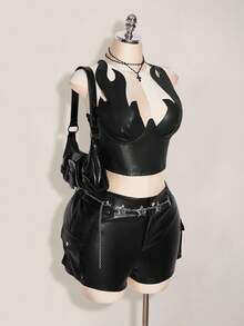 SHEIN ICON Plus Size PU Flame Print Top, Carnival Costume, Party Wear, Halloween Outfit