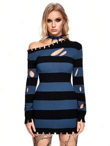 ROMWE Grunge Punk Long Ripped Red & Black Striped Pullover Sweater - Multicolor - View 4