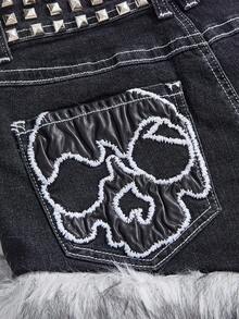 ROMWE Grunge Punk Quần short denim mini cạp siêu thấp họa tiết Y2K cổ điển, rách rưới, đính đinh tán cho nữ - Xám - Xem 4