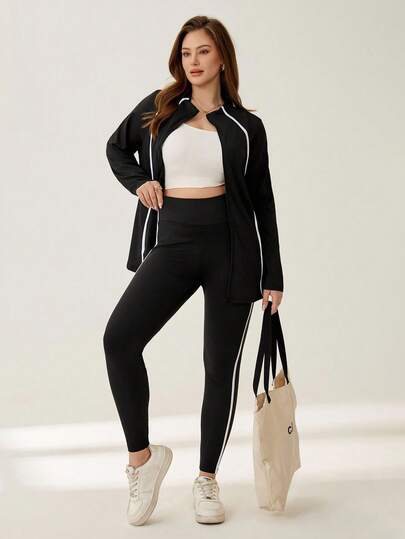 Auralis Athleisure Women Plus Size Winter Casual Contrast Trim Zipper Jacket And Leggings Set, For Autumn Gym Set Workout Women Sets, Winter Sports Set For Women, Women's Fall/Winter Sportswear Jogging Suit, Jogging Sets For Women