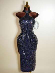 Mistrie Women's Navy Blue Sleeveless Halter-Neck Strapless Knitted Long Dress,Summer 70s Night Out Club Party Glittering Fitted Elegant Luxury Event Gown - Purple - View 5
