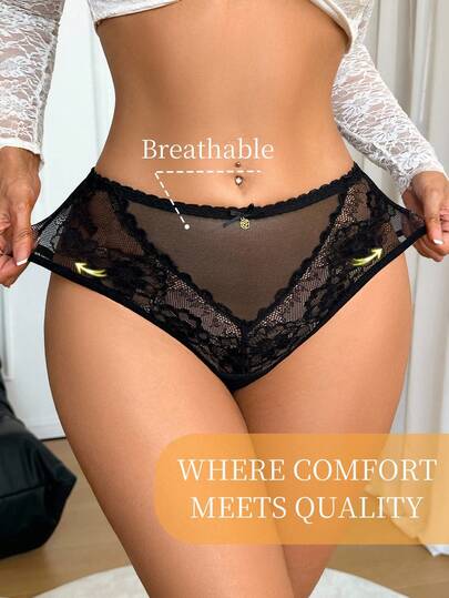 Thin Lace Seductive Women's Panties, High Slit Seamless Hollow Out Low Waist Satin