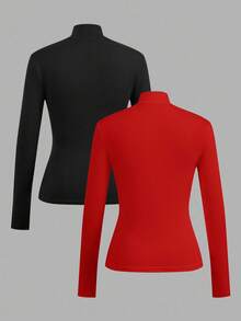 SHEIN EZwear 2pcs/Set Women's Black & Red Mock Neck Tight Fit Long Sleeve Base Layer T-Shirt Set - Multicolor - View 2