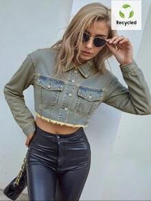 SHEIN ICON 做旧下摆磨边纽扣前襟休闲长袖牛仔夹克 - 藍色 - 查看 4