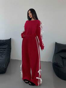 POPSWAY Set de 2 sudaderas casuales negras con parches, rayas y moño decorativo, tallas grandes, para otoño - Rojo - Ver 4