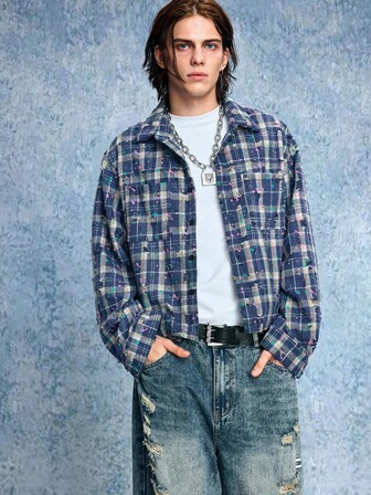 Grunge Punk Cappotto casual a quadri strappato da uomo per autunno/inverno