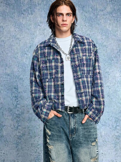 Grunge Punk Abrigo informal a cuadros rasgado para hombre de otoño/invierno