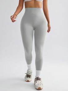 Dewbera Solid Color High Waist Seamless Tight Fit Sports Leggings Grey Tights Gray Yoga Pants Gym Clothes Legging Light Grey Leggings,Suitable For Gym Workout, Cycling, Running - Light Grey - View 3