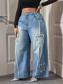 Slaydiva Jeans rectos de talle alto con bolsillos y botones para mujer de talla grande - Gris - Ver 3