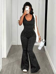 Slaydiva 1pc Leopard Print Knotted Open-Back Plunge Flare Jumpsuit - Multicolor - View 5