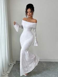 Rafferiza 优雅时尚年轻简约百搭修身露肩喇叭袖美人鱼中长连衣裙，适合秋季女士 - 白色 - 查看 4