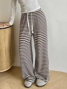 Aloruh Casual Minimalist Knitted Striped Straight-Leg Pants For Women, Suitable For Home, Daily Outings, Autumn/Winter