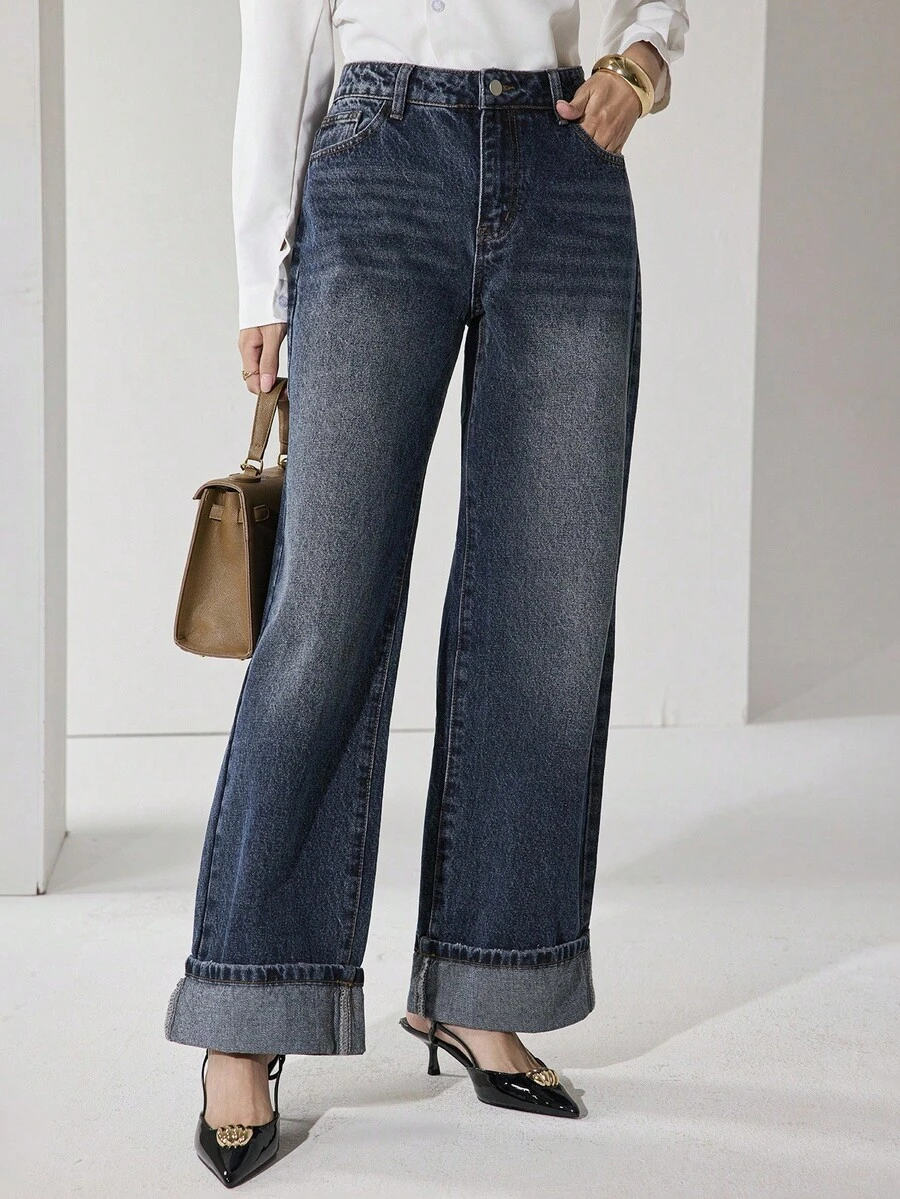 Heiryn 女士休闲时尚宽松简约卷边阔腿牛仔裤 - 深色水洗藍 - 查看 1