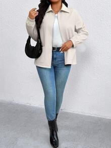 EMERY ROSE Jaket Kasual Nyaman Berbahan Bulu Halus dengan Lapisan Termal Warna Kontras, Ukuran Plus untuk Wanita, Cocok untuk Musim Gugur/Dingin - Aprikot - View 6