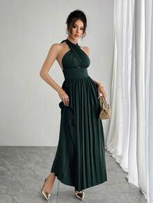 Livesso Women's Halter Neck Long Slit Dress - Black - View 2