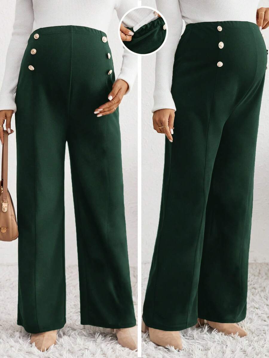 SHEIN Maternity Solid Color Adjustable Waist Button Design Wide Leg Casual Pants - Dark Green - View 1