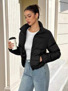 SHEIN Tall 短款女士冬季棉服外套 - 黑色 - 查看 3