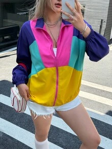 Muchica Cazadora de color combinado de hombros caídos cremallera - Multicolor - Ver 4