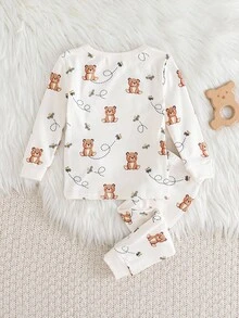 Cozy Pixies Set pigiama aderente per bambino, top a maniche lunghe con collo rotondo in maglia morbida a motivo di orsetti, pantaloni lunghi con vita elastica