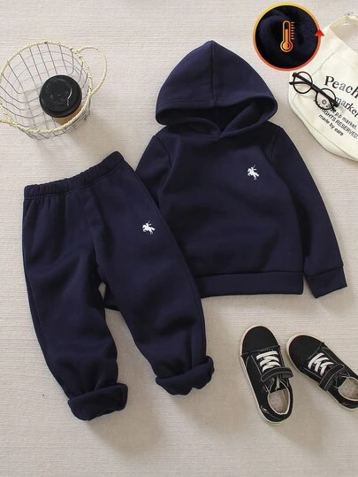 Genkimix Kids 2 件套海军蓝男童保暖内衬休闲运动套装、连帽运动衫和运动裤，采用优质面料，适合日常休闲穿着，适合外出和上学
