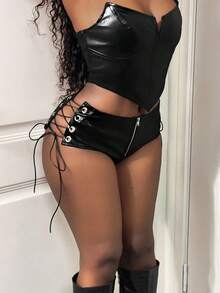 BamGleam Women's Fashionable Sexy PU Eyelet Lace-Up Super Short Shorts, Summer