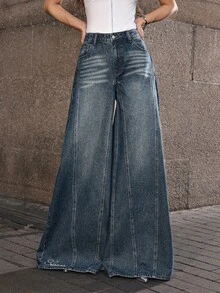 Selenza Quần Jeans Ống Rộng Cỡ Lớn Thêu Chữ Tiếng Anh Cho Nữ - Màu xanh bụi bặm - Xem 8