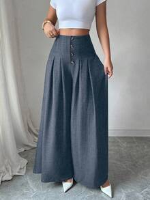 Elenzga Women's Fashionable Versatile Solid Color Wide Leg Pants