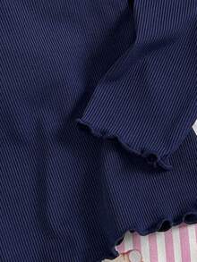 少女海军蓝罗纹熊印花蝴蝶结装饰长袖上衣和罗纹裤睡衣套装 - 彩色 - 查看 6