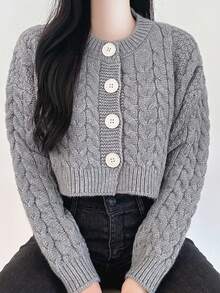 DAZY Women's Short Cardigan Sweater, Autumn/Winter - Grey - View 2