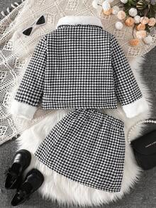 SHEIN Young Girls Cute Houndstooth Collar Fluffy Long Sleeve Jacket Paired With White Undershirt And Comfortable A-Line Skirt Outfit Fall Winter - Black - View 2