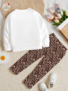 SHEIN Bộ 2 món/Bộ đồ nữ cổ tròn tay dài in họa tiết da báo cổ điển trang trí nơ màu trắng, thường ngày, phong cách đường phố, Punk, cổ điển, trang phục trở lại trường cho mùa thu/đông - Nhiều màu - Xem 3