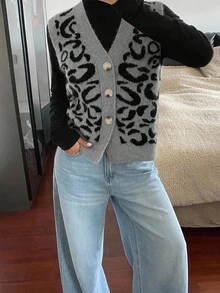 Siren Gaze Damska jednorzędowa kamizelka z dekoltem w serek i nadrukiem w panterkę, swobodna na jesień/zimę